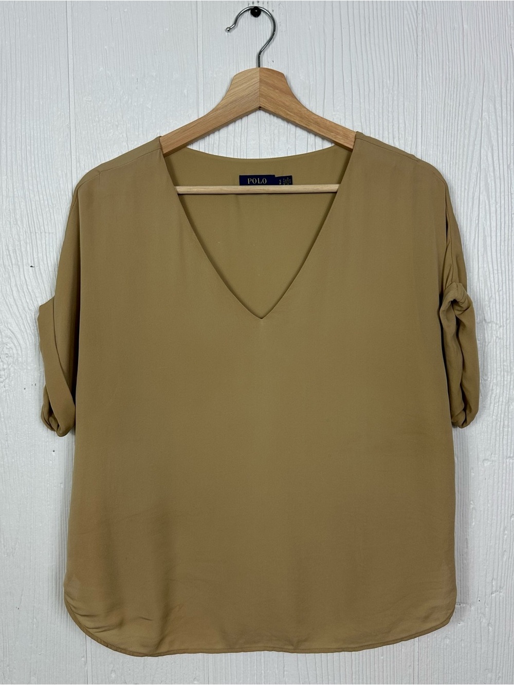 Polo Ralph Lauren Tan Lined Silk Short Sleeve Silk Blouse 
V Neck Size Small